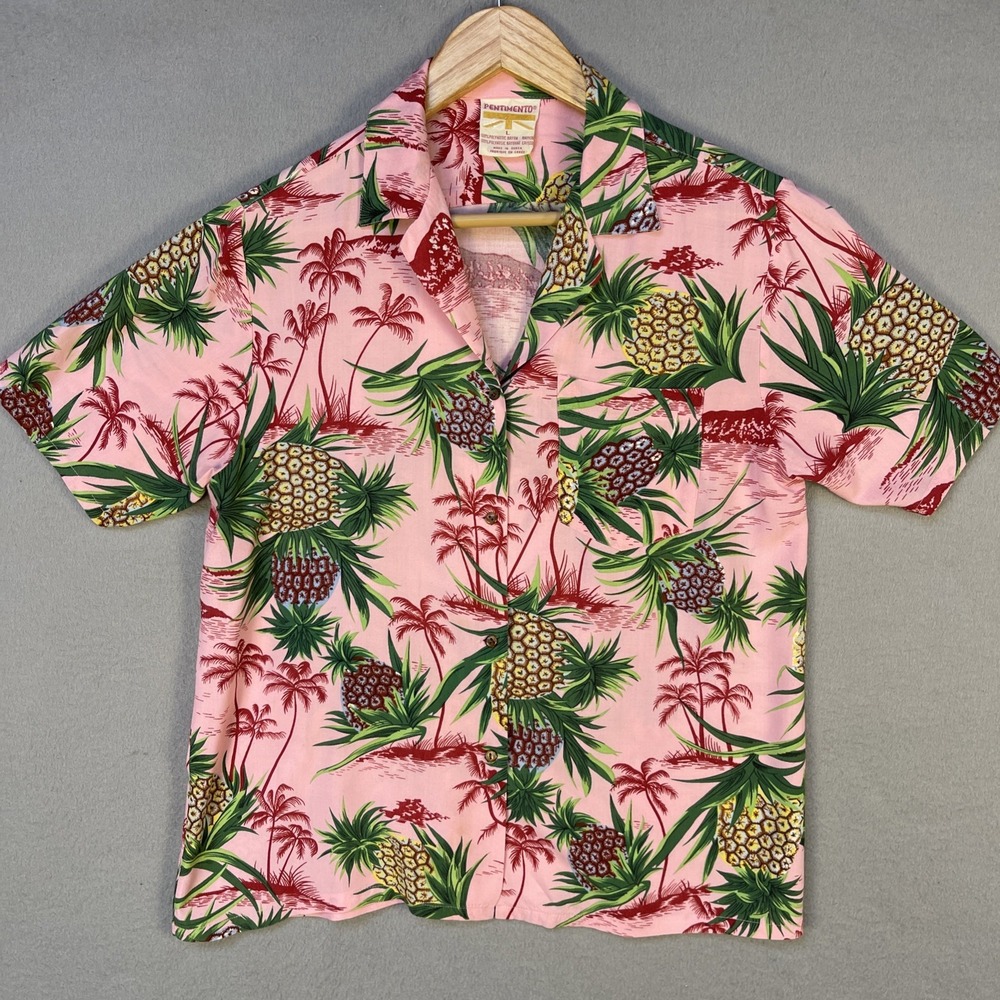 Vintage Pimento Hawaiian Shirt Womens Large Pink Pineapple Rayon Camp Aloha